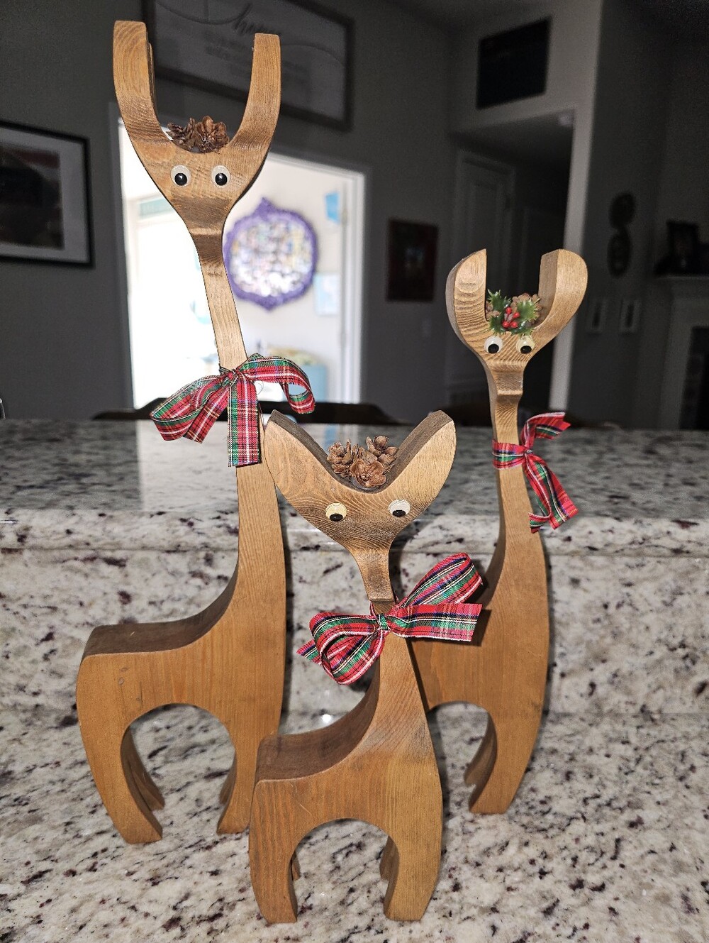 MCM Danish Style Handmade Wooden Deer With Googly Eye Set Of 3